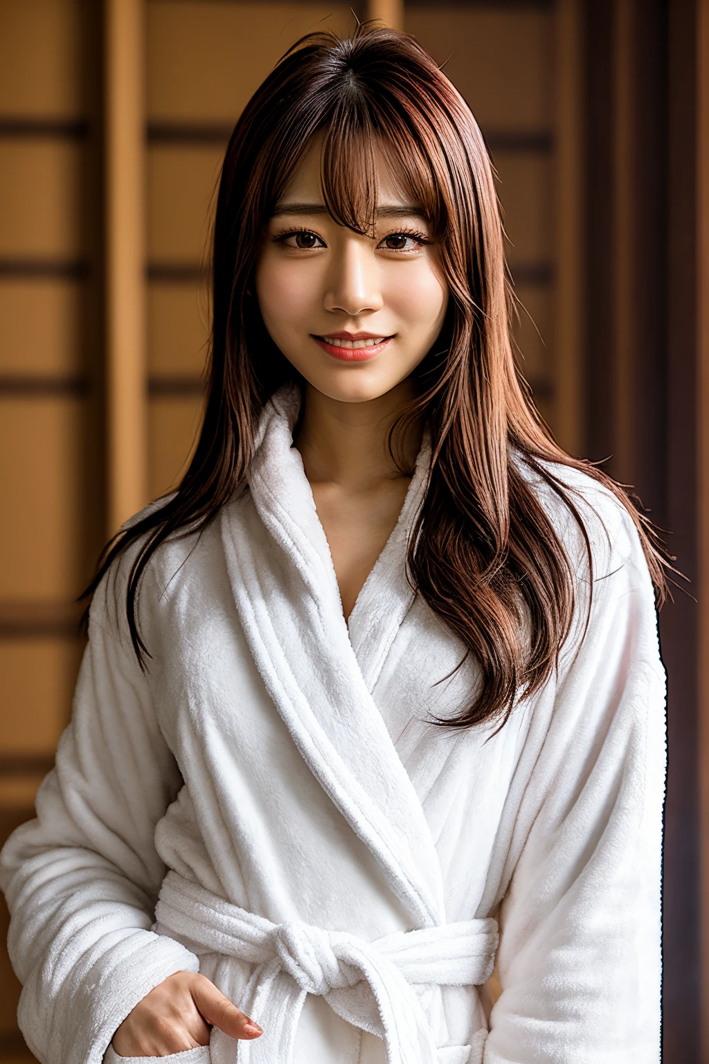(SaikaK_SoloTI_v1:0.99),
a woman with a smile on her face,bobcut hair,(in a Flannel bathrobe:1.3),
photorealistic, masterpiece, high quality, artistic, unique, professional, 8k, RAW photo, best quality,flattering, (cinematic:1.3),indoor,(soft focus:1.5),
<lora:add_detail:0.6>