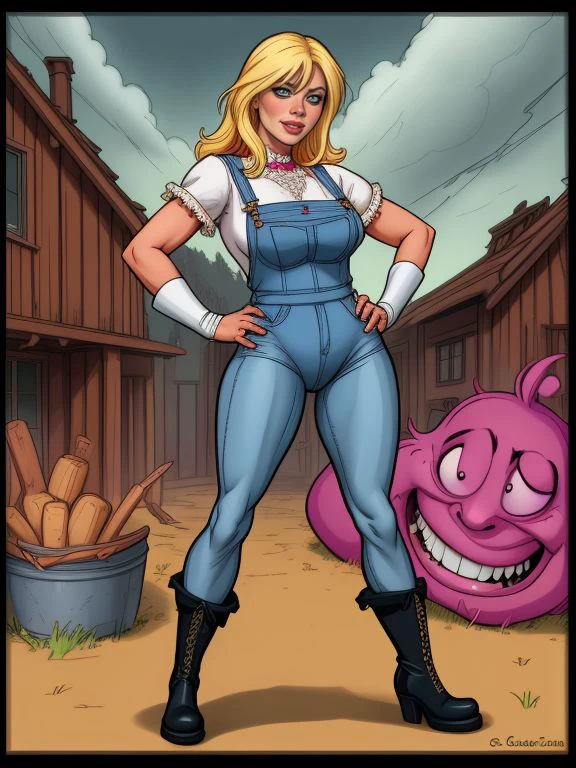 <lora:LCM_LoRA_Weights_SD15:0.7> toon style cartoon, (by Carl Larsson,Josan Gonzalez:1.3),
Denise_Drake,
grimace expression,
pair of overalls with a ruffled or lace-trimmed blouse, and a pair of ankle boots or clogs,
a post-apocalyptic world where the only survivors are people who were cryogenically frozen,