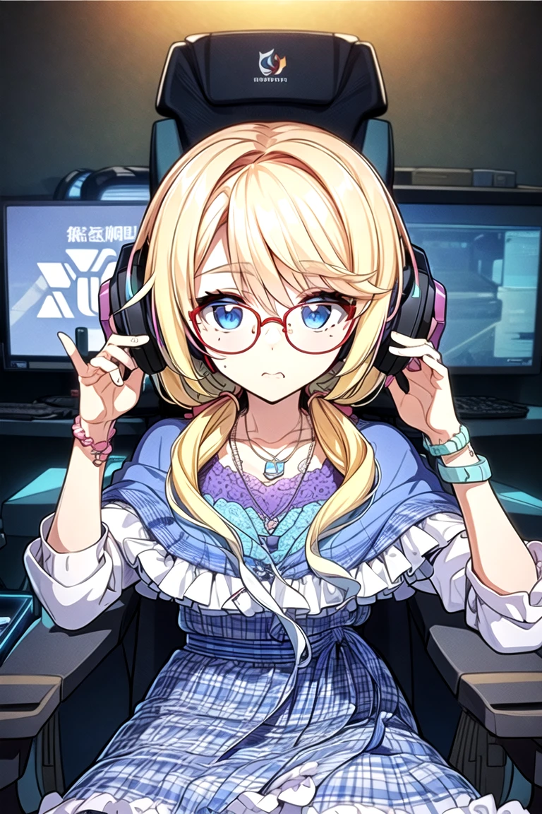 <lora:HarunoSora_V01:0.9>1girl, HarunoSora, blue eyes, (mole under mouth), red-framed eyewear,
(blonde hair, blue hair:1.2, gradient hair:1.2), (low twintails:1.2), multicolored hair, flower hair ornament,
(plaid dress:1.2), frills, bracelet, capelet, collarbone, pendant, purple waistband, scrunchie, necklace, jewelry,
Streamer room, gaming chair, gaming PC, game equipment, controller, TV monitor, PC monitor, headphones, headset, anime poster, game poster,
<lora:add_detail:0.5><lora:bg_imgs:0.2>, bg_imgs,
(masterpiece),(best quality),(ultra detailed),
highly detailed, intricate details, High quality shadow, Cinematic Light, perfect anatomy,