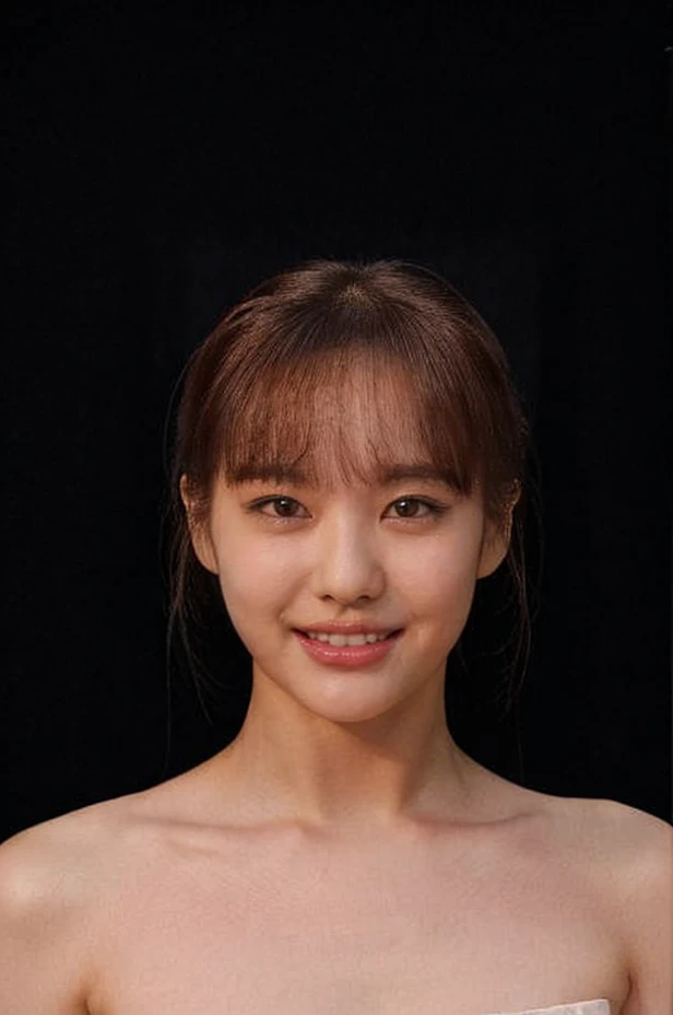 (masterpiece, top quality, best quality, (close-up photograph: 2), ((1girl)), fair skin, (((closed mouth))), small eyes, (extremely detailed face), looking straight, (((ultra-detailed eyes and pupils))), ((bare pectorals)), ((bare chest)), bare head, nude dress, (((bare shoulders))), symmetrical frame, (((strapless))), (((smile))), ((symmetrical pose)), looking at viewer, (((looking at viewer))), (symmetrical face: 1.6), 35mm, simple grey background, ((studio lighting)), no watermark, ((long hair)), braid,  <lora:yurilorashy:0.85>