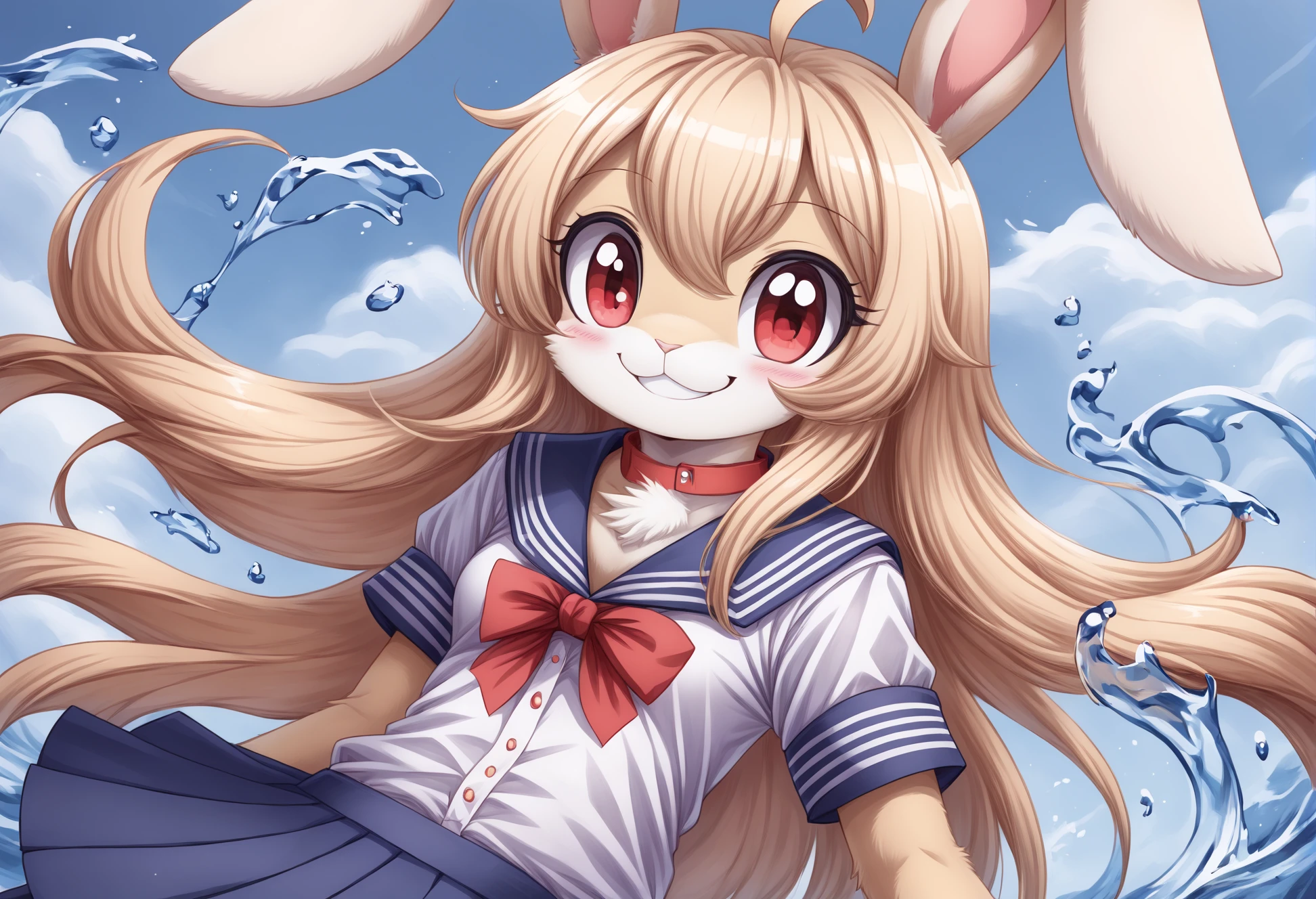 furry quality,masterpiece, perfect contrast <lora:meat rabbit_LORA:0.8>  rabbit, 1girl, Smile, blond, very long hair, ahoge, red eyes, sailor_collar, school_uniform, water, natural landscape