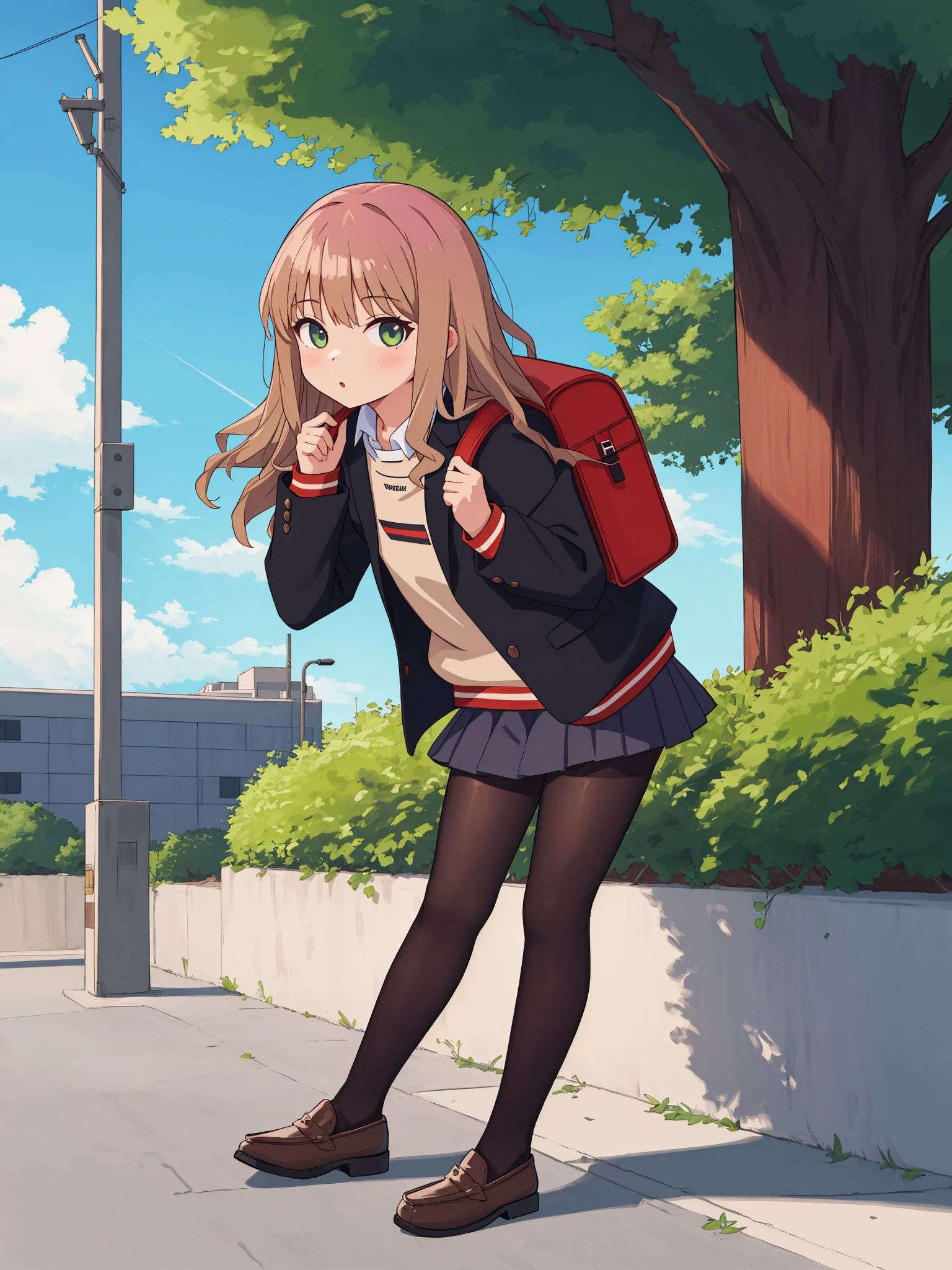 simple_background, 1girl, solo, black_jacket, black_skirt, shoes, pantyhose, brown_footwear, ssss.dynazenon, full_body, bag, long_sleeves, jacket, skirt, looking_at_viewer, black_pantyhose, leaning_forward, minami_yume, backpack, loafers, gridman_universe,best quality,amazing quality,very aesthetic,absurdres,outdoors,medieval,<lora:minami_yumev15:0.8>