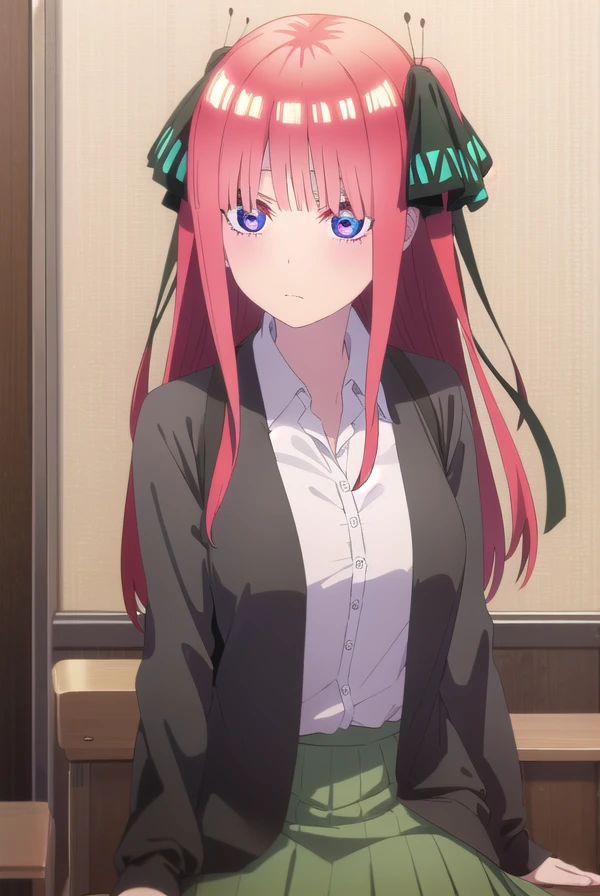 ninonakano, <lora:nino nakano s2-lora-nochekaiser:1>,
nino nakano, long hair, bangs, blue eyes, hair ornament, hair ribbon, pink hair, blunt bangs, two side up, butterfly hair ornament,
BREAK skirt, shirt, long sleeves, white shirt, pleated skirt, open clothes, collared shirt, sleeves past wrists, dress shirt, cardigan, green skirt, open cardigan, black cardigan,
BREAK indoors, classroom,
BREAK looking at viewer,
BREAK <lyco:GoodHands-beta2:1>, (masterpiece:1.2), best quality, high resolution, unity 8k wallpaper, (illustration:0.8), (beautiful detailed eyes:1.6), extremely detailed face, perfect lighting, extremely detailed CG, (perfect hands, perfect anatomy),