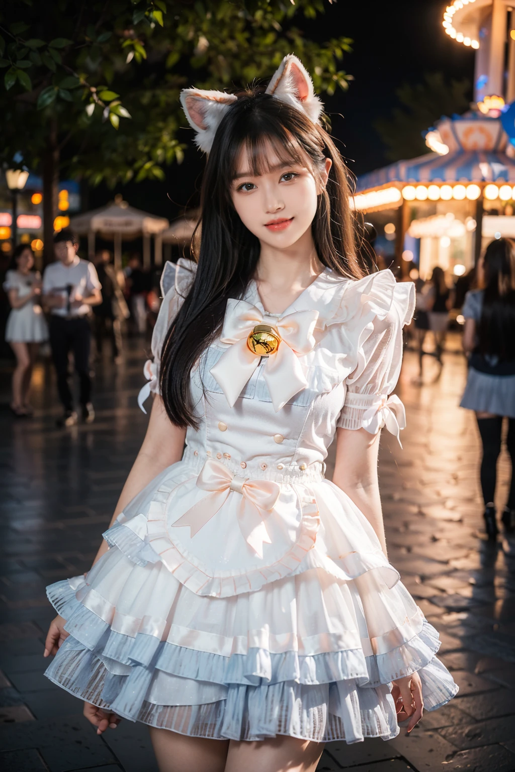 best quality, masterpiece, realistic, photorealistic, 1girl, solo, looking at viewer, smile, long black hair, bangs, standing, cowboy shot, cyb dress, puffy short sleeves, bow, bell, animal ears, amusement park, people, detailed background, <lora:sweet_attire_style4_v1:0.7>