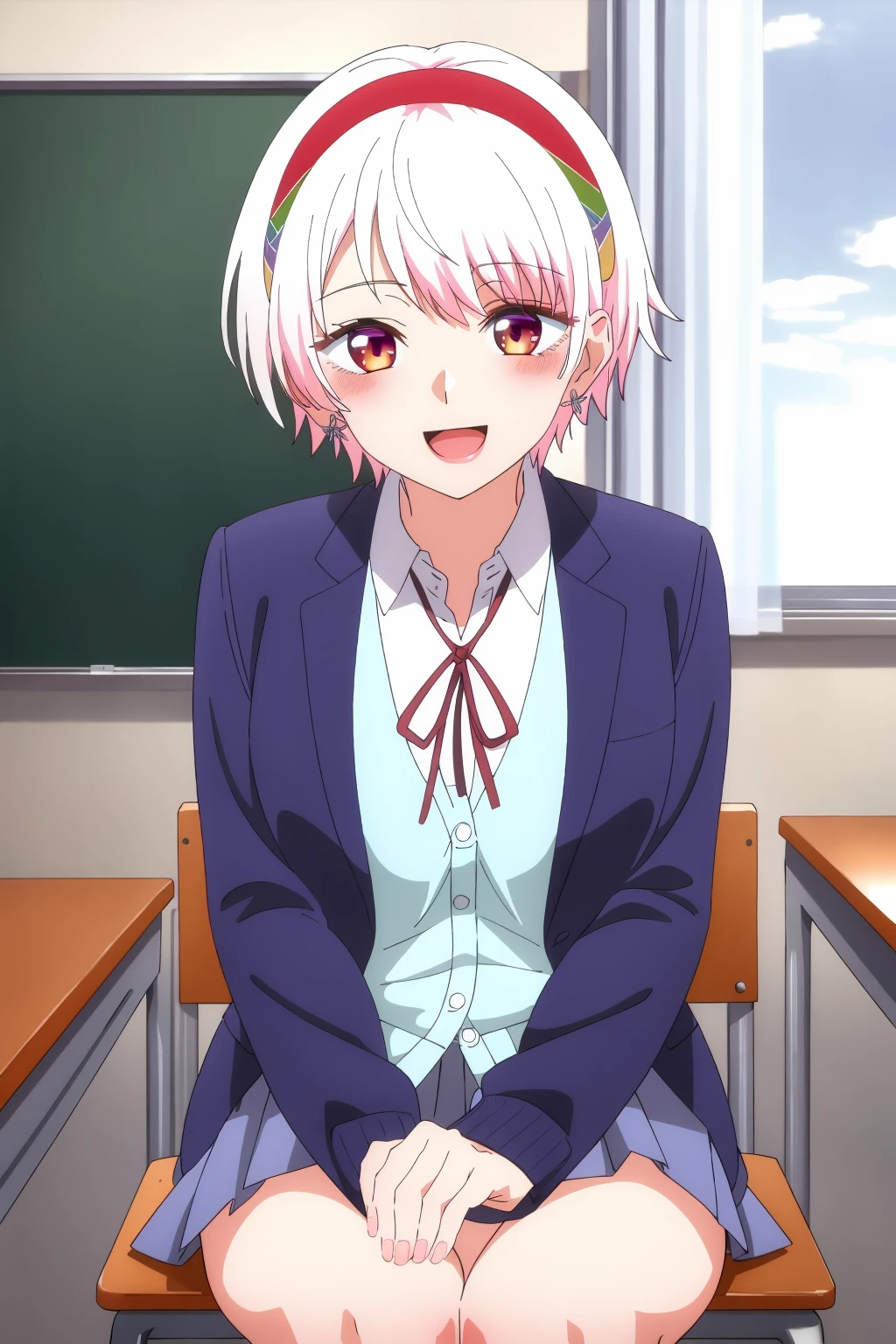 ((best quality)),((highly detailed)),masterpiece,absurdres,detailed face,beautiful face,(detailed eyes, deep eyes),1girl,((dynamic pose)) , <lora:RenaV1-000008:0.8>Rena, white hair, solo, skirt, sitting, short hair, red eyes, hand fan, jacket, school uniform, looking at viewer, hairband, window, multicolored hair, smile, holding, cardigan, open mouth, holding fan, jacket on shoulders, earrings, jewelry, red hairband, ribbon, indoors, shirt, long sleeves, blue jacket, folding fan, chair, white shirt, neck ribbon, bangs, blazer, desk, blush, day, hand up, sky, collared shirt, :d, headband, sleeves past wrists