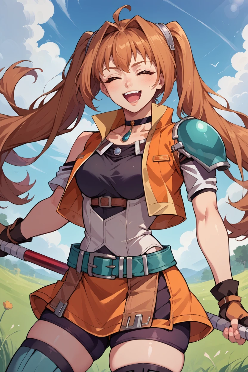 score_9, score_8_up, source_7_up, source_anime, BREAK 1girl <lora:estelle-pdxl-nvwls-v1:1> senEstelle, twintails, single shoulder pad, orange jacket, choker, black shirt, miniskirt, green belt, spandex shorts, black thighhighs, thick thighs, black gloves, medium breasts, open mouth, happy, closed eyes, blue sky, field, cloud trails, holding a staff, looking at you