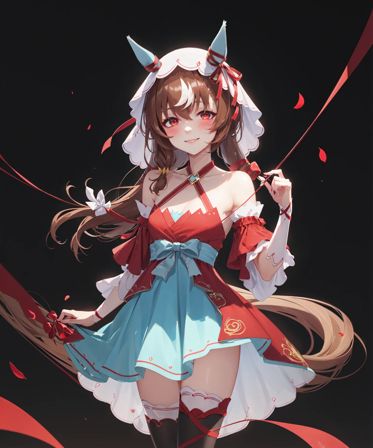 dark background, colorful background, flowers,
1girl, solo, looking at viewer, smile, blush, happy,
red eyes, bare shoulders, small breasts, horse ears, horse tail,
bangs, eyebrows visible through hair, long brown hair, streaked hair, hair between eyes, hair scrunchie,
veil, ribbon, bow, red bow, cyan bow tie,
detached sleeves, red and cyan dress,
(black thighhighs, thighlet, ribbon leg wrapping), dress_lift,
red footwear,
shobofuku, <lora:StillinLove---stfrom009:0.85>, <lora:GoodHands-beta2:1>,
