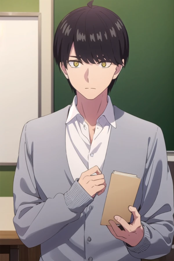 fuutarouuesugi, <lora:fuutarou uesugi s2-lora-nochekaiser:1>,
fuutarou uesugi, black hair, (yellow eyes:1.3), male focus,
BREAK shirt, white shirt, collared shirt, cardigan, pants,
BREAK indoors, classroom,
BREAK looking at viewer, dynamic pose, cowboy shot,
BREAK <lyco:GoodHands-beta2:1>, (masterpiece:1.2), best quality, high resolution, unity 8k wallpaper, (illustration:0.8), (beautiful detailed eyes:1.6), extremely detailed face, perfect lighting, extremely detailed CG, (perfect hands, perfect anatomy),