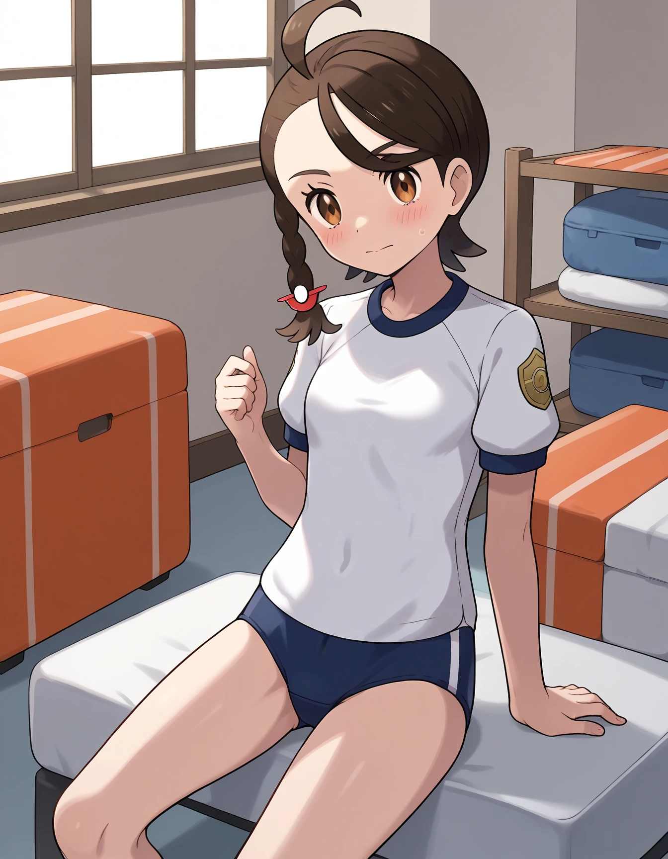 (Blue School Swimsuit)brown hair, brown eyes, Knee-high boots, short hair, half up hair :C ,C(Bedroom,Hotel )(夜のリビングルームがHotelのベッドだったらどうなる)(Blue School Swimsuit)On a sparsely glowing pink bed)(,all for email woman ,full nude,male )((,持っているmale性と持っています