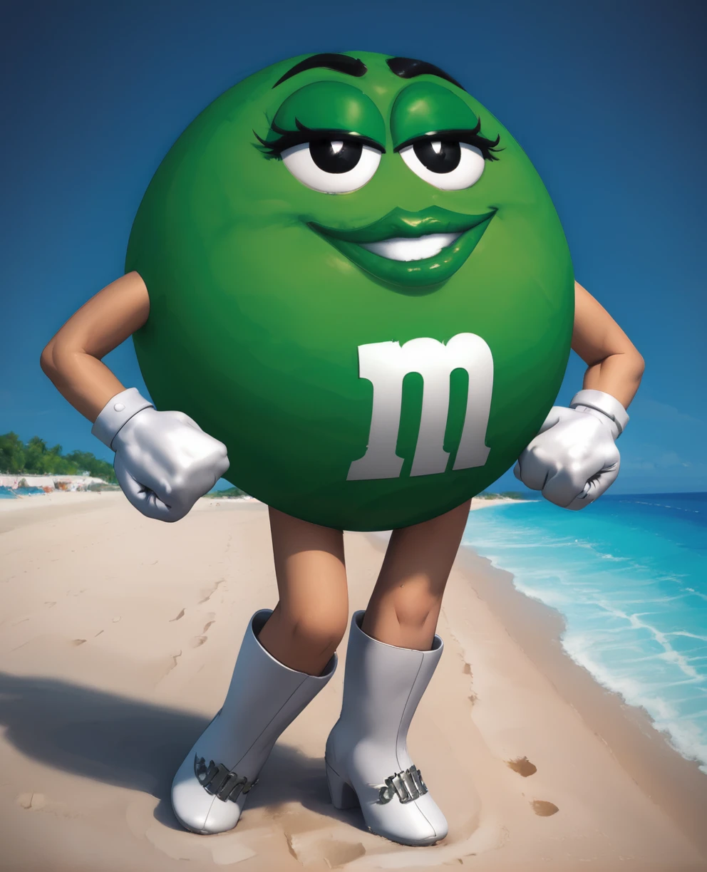 msgreen,white gloves,black eyes,smile,clenched hands,
standing,boots,green eyeshadow,
beach resort,morning,
<lora:MsGreen:1>,