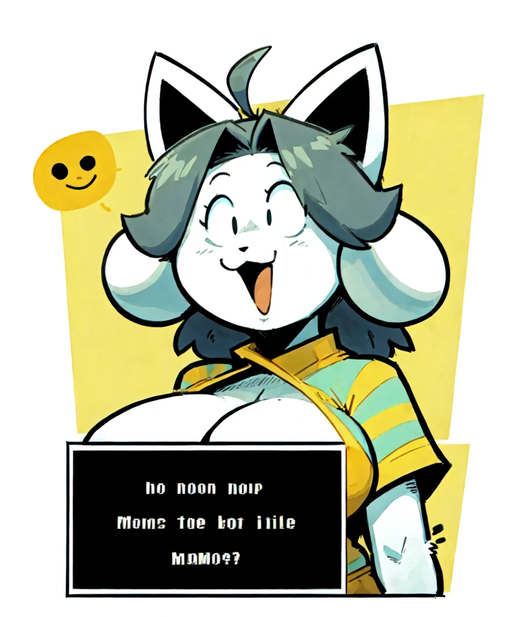 furry,:3,open mouth,cat ears,grey hair,ahoge,white_fur,blue and yellow striped shirt,emoji,dialogue box,big breasts,curvy,cartoonized,simple background,Temmie,<lora:Role_Temmie_v1:0.8>,{by Brian Kesinger|by Darwyn Cooke|by Mike Mignola|by Winslow Homer|by Gabriel Ba|by Cumbread|by Edtropolis|by Buta99|by Claweddrip|by Domovoi Iazaroth|by Donkeyramen|by Haps},