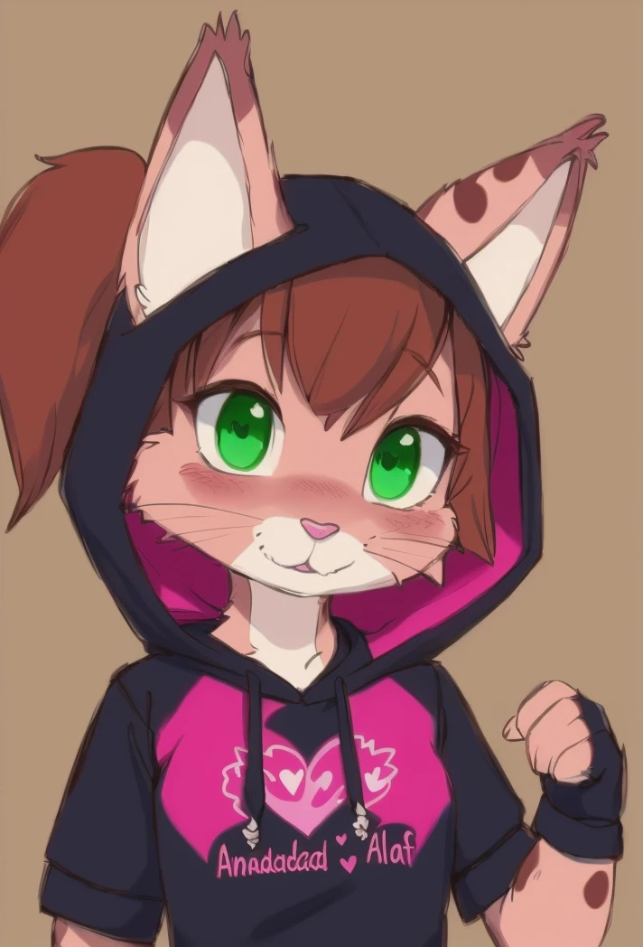 1 girl ,amandasc , Spots on the body , green eyes,brown skin , ponytail ,furry , furry female ,solo ,pink cat nose ,brown hair ,fringe , , shirt with engraved heart , , <lora:amandasc:0.8> , hood, black sweater, smiling, fingerless gloves