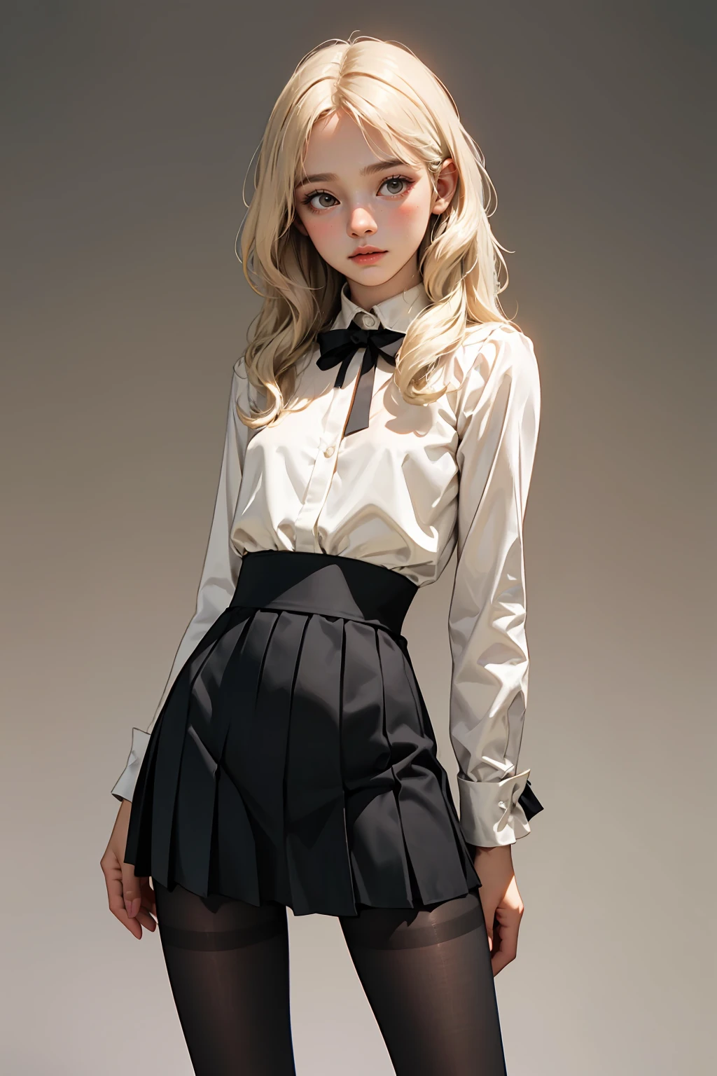 ( detailed realistic background:1), ( official art, beautiful and aesthetic:1 ), realistic lighting, cinematic lighting, hyperrealism, soothing tones, muted colors, high contrast, soft light, sharp, artistic photoshoot, ( cute, petite), slender, european, pale cheeks, square face shape with angular jaw, natural "no-makeup" makeup, wearing Bow-neck blouse with a ruffled collar and pleated front , A-Line Skirt , winter-weight pantyhose and wraparound heels , Average Height, Narrow Hips, Round Face, Dark Skin, Platinum Blonde Hair, dark brown Eyes, [[Curved Nose]],