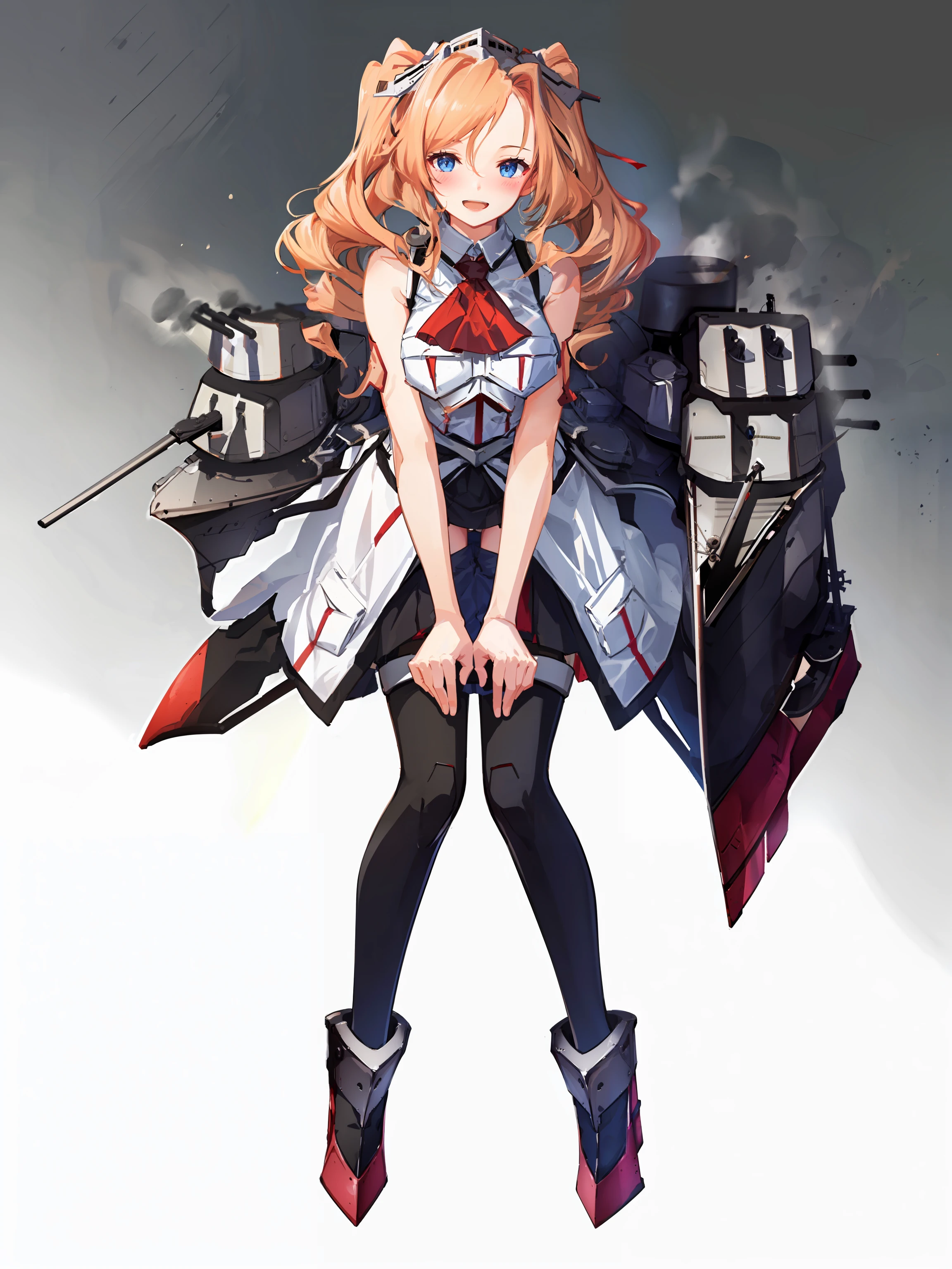 honolulu \(kancolle\), 1girl, solo, breasts, large breasts, thighhighs, sleeveless, white background, pocket, machinery, turret, simple background, breast pocket, full body, skirt, open mouth, rigging, smile, cannon, blush, dress, looking at viewer, garter straps, ascot, red ascot, rudder footwear, sleeveless jacket, original, intricate detail, illustration, masterpiece, extremely detailed CG unity 8k wallpaper, highlight, sharpening, dynamic, <lora:Honolulu:0.8>,