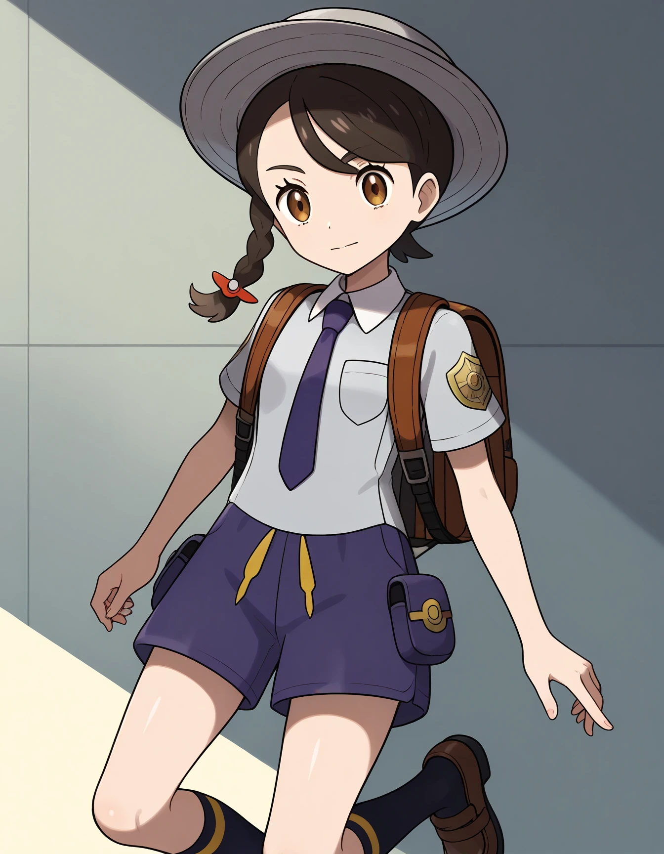 score_9, source_anime, rating_safe BREAK 1girl, solo
<lora:ponyxl_character-haruto:0.7> ,
<lora:sdxl_lightning_8step_lora:1>, source_anime, score_9,
aoi, juliana \(pokemon\), single braid, brown eyes, grey headwear, brown backpack, (yellow string:1.2), short sleeves, single braid, hair ornament,
purple necktie, purple shorts, striped black socks, loafers,
uva academy school uniform, uva academy \(emblem\), (silver emblem:1.2)
<lora:ponyxl_character-aoi:0.5> ,