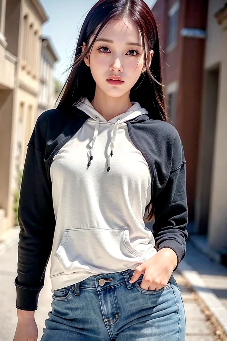 staycj, brown hair, urban, streets, day, (8k, best quality, masterpiece:1.2),(intricate details:1.4),(photorealistic:1.5),octane render, ultra detailed, realistic skin texture, detailed face, beautiful detailed eyes, makeup, (detailed background:1.2), (cowboy shot:1.2),(hip),(perfect anatomy),(white hoodie, jeans), <lora:staycj-v1:1>
