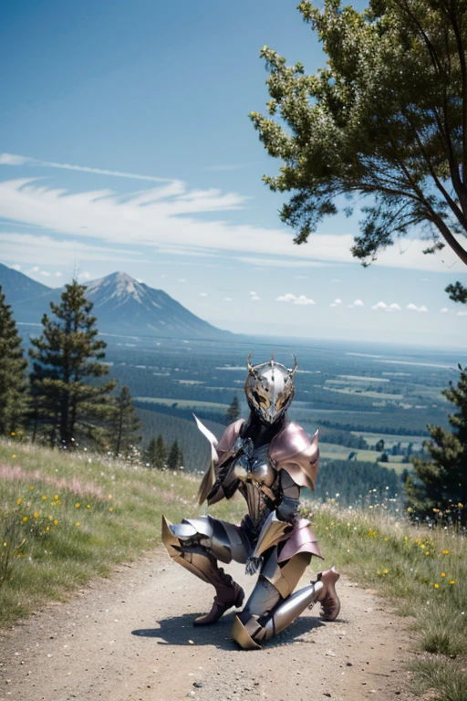 <lora:HXarmour_010:0.8>,hxarmour,1girl,(pink armour:1.3),mountain,Kneeling,