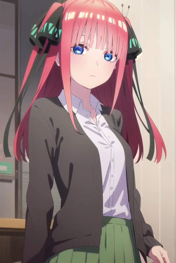 ninonakano, <lora:nino nakano s2-lora-nochekaiser:1>, 
nino nakano, long hair, bangs, blue eyes, hair ornament, hair ribbon, pink hair, blunt bangs, two side up, butterfly hair ornament,
BREAK skirt, shirt, long sleeves, white shirt, pleated skirt, open clothes, collared shirt, sleeves past wrists, dress shirt, cardigan, green skirt, open cardigan, black cardigan,
BREAK indoors, classroom,
BREAK looking at viewer,
BREAK <lyco:GoodHands-beta2:1>, (masterpiece:1.2), best quality, high resolution, unity 8k wallpaper, (illustration:0.8), (beautiful detailed eyes:1.6), extremely detailed face, perfect lighting, extremely detailed CG, (perfect hands, perfect anatomy),