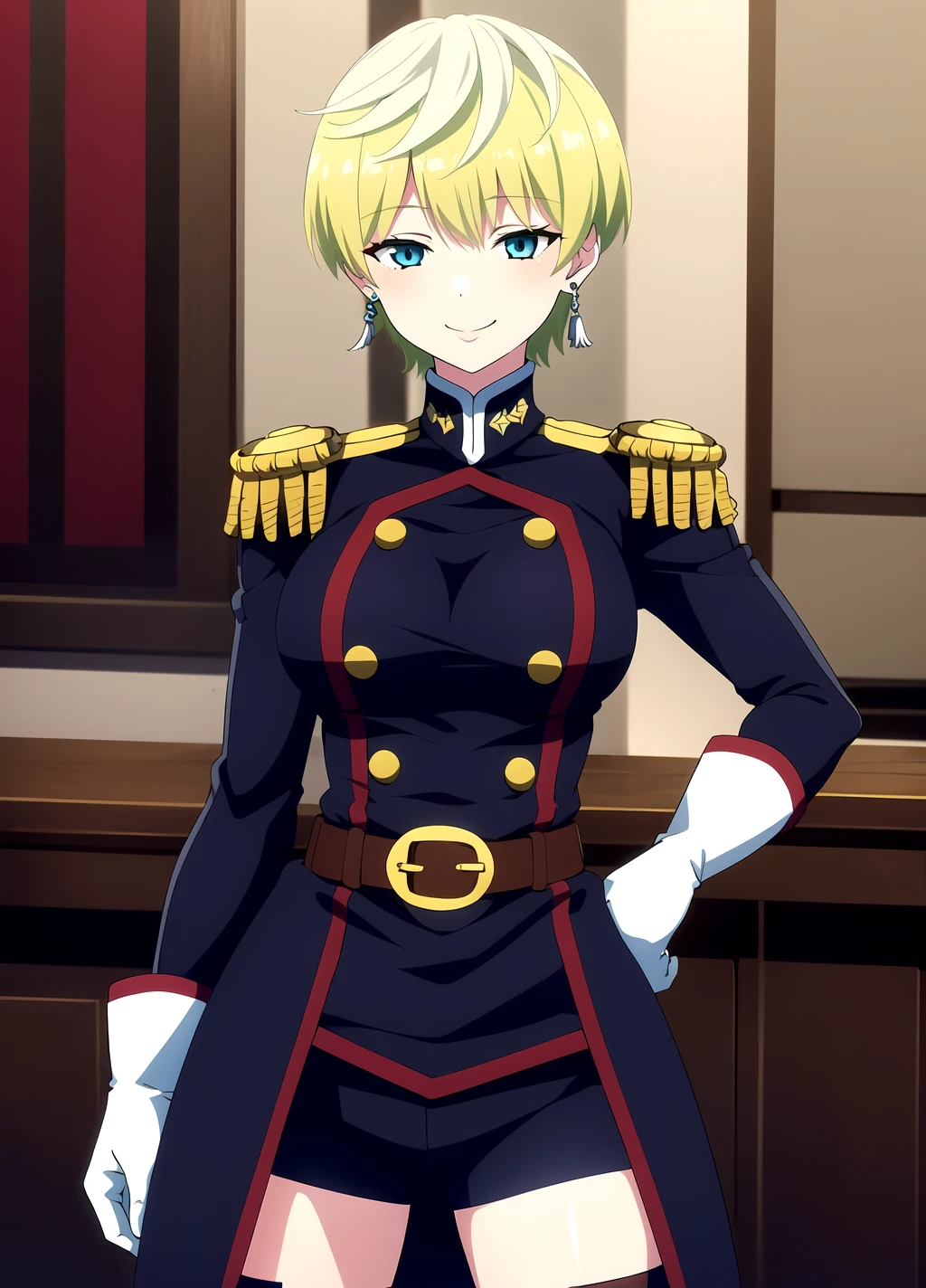Tenka Izumo, 1girl, solo, thighhighs, green hair, earrings, jewelry, gloves, blonde hair, short hair, blue eyes, breasts, large breasts, white gloves, smile, shorts, uniform, belt, epaulettes, green hair, looking at viewer, coat, thigh boots, <lora:Tenka Izumo anylora14r29r-000006:0.7>, masterpiece, best quality, highres,