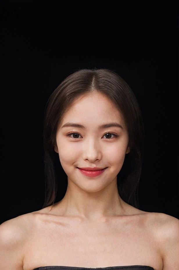 (extremely detailed eyes), korean idol, (((strapless))), raw photo, 1girl, (looking at viewer), upper body, ((full plain black background:1.3)), (Strapless_tube_top:1.5), bare shoulders, (((bare neck))), bare head, collarbone, (((closed mouth smile))), ((black hair:1.3)), natural skin colour, <lora:ryujinlorashyv1_5:0.85>