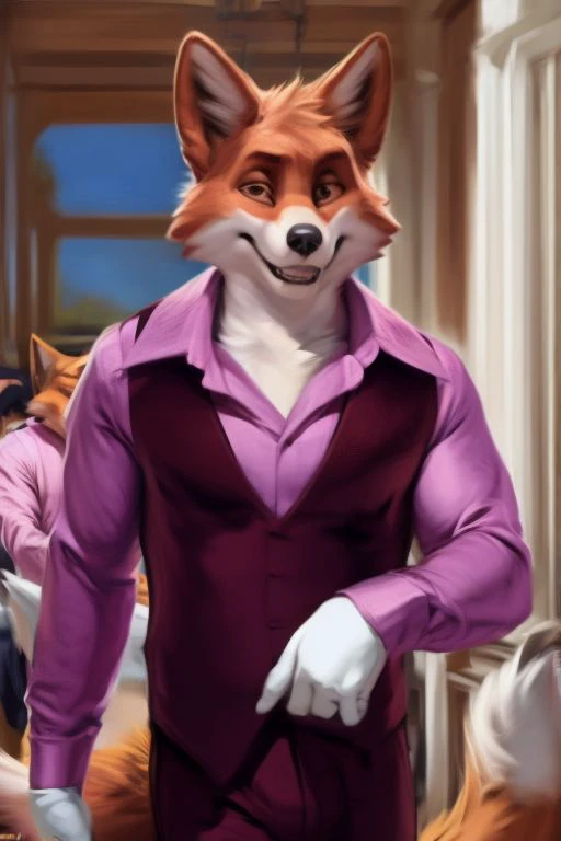 (by Meesh:1.0), (by darkgem:0.8), (by chunie:1), masterpiece, looking at viewer, male, anthro, <slora:add_detail:0.4>, (Foxy Bingo, Fox, Suit, Pink Shirt),  (Realistic)