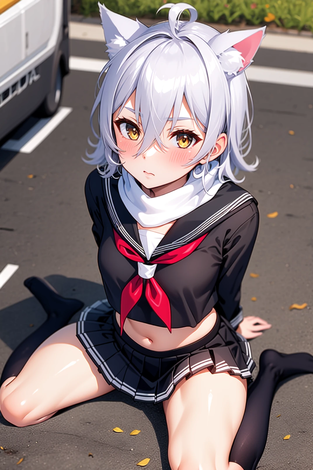 1girl, solo, (masterpiece, best quality), street, outdoors, small breasts, from above, ,maya, yellow eyes, short hair, white hair, hair between eyes, cat ears, black school uniform, long sleeves, serafuku, sailor collar, red neckerchief, white scarf, navel, midriff, black skirt, pleated skirt, miniskirt, black socks, wariza, spread legs, arms behind back, expressionless