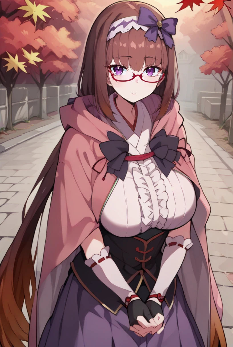 score_9, score_8_up, score_7_up, source_anime BREAK 1girl, solo, looking at viewer, cowboy shot, <lora:Osakabehime_Pdxl:1>, Osakabehime_Default, purple eyes, brown hair, very long hair, hair bow, gradient hair, glasses, red-framed eyewear, semi-rimless eyewear, hairband, frilled shirt, purple skirt, hooded cloak, arm warmers, fingerless gloves, large breasts, skindentation, outdoors, spring, autumn leaves, trees, <lora:KBS:1>, own hands together, v arms