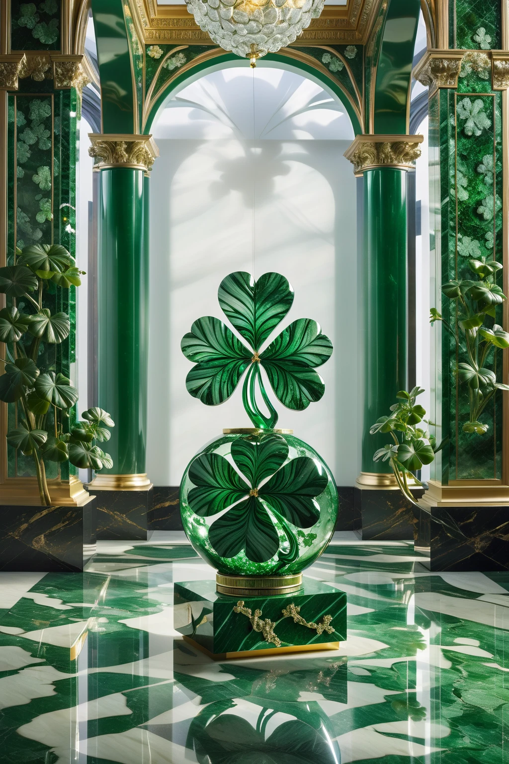 A striking photorealistic image showcases an ultra-detailed shamrock sculpture in exquisite emerald marble, enclosed in a mesmerizing glass cube. The centerpiece of an opulent museum hall exudes sophistication and grandeur. The dynamic shamrock pose reveals intricate details, complemented by a richly adorned environment without overshadowing the main exhibit. Skillful lighting highlights the marble's sleek surface, casting captivating shadows and reflections.