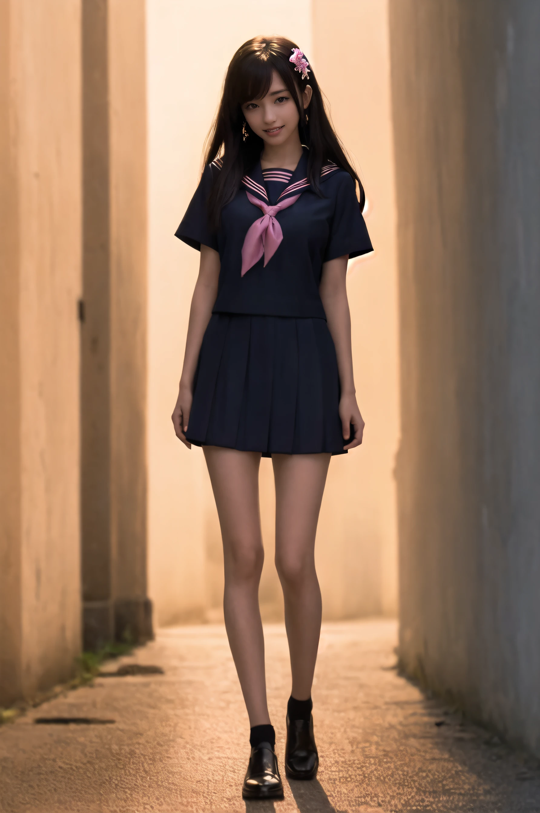 masterpiece, best quality, official art, extremely detailed , ultra high res, ultra detailed, incredibly absurdness, Ultimate detail, Clothing details, middle breast, wide shot,
(1girl:0.7), extremely beautiful face, (white ankle socks:0.8), outdoors,  (leather shoes:0.7), hair ornament,  sailor collar, pleated skirt, Jade bracelet,pink neckerchief, 
((haunting smile, long hair, black hair)),(Fluffy hair:0.75), watery eyes, realistic skin, best shadow, soft light,(short-sleeved),original, full body, jk,
 <lora:jk shuishou_20230607235321-000012:0.75>