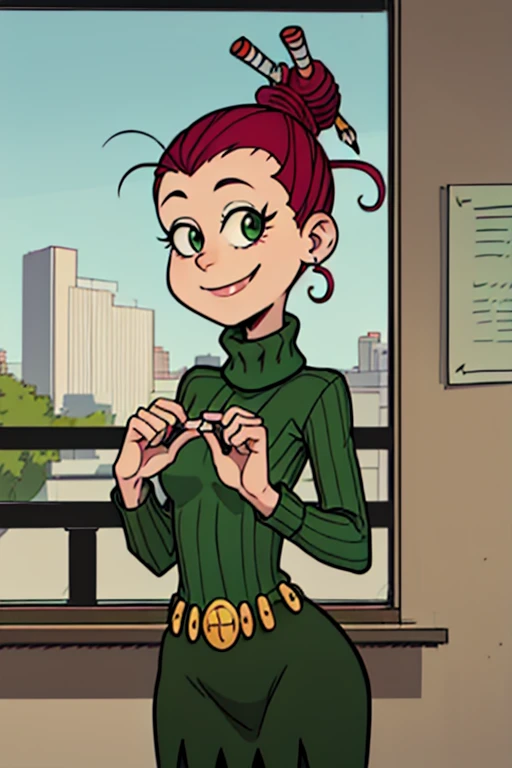 agnesj, 1girl,solo, turtleneck, pencil in hair, hair bun, single hair bun, green sweater, belt,green skirt, black eyes,looking at viewer ,smile,school,standing,hands behind back,upper body,     <lora:AgnesJohnson(3.0):0.55>