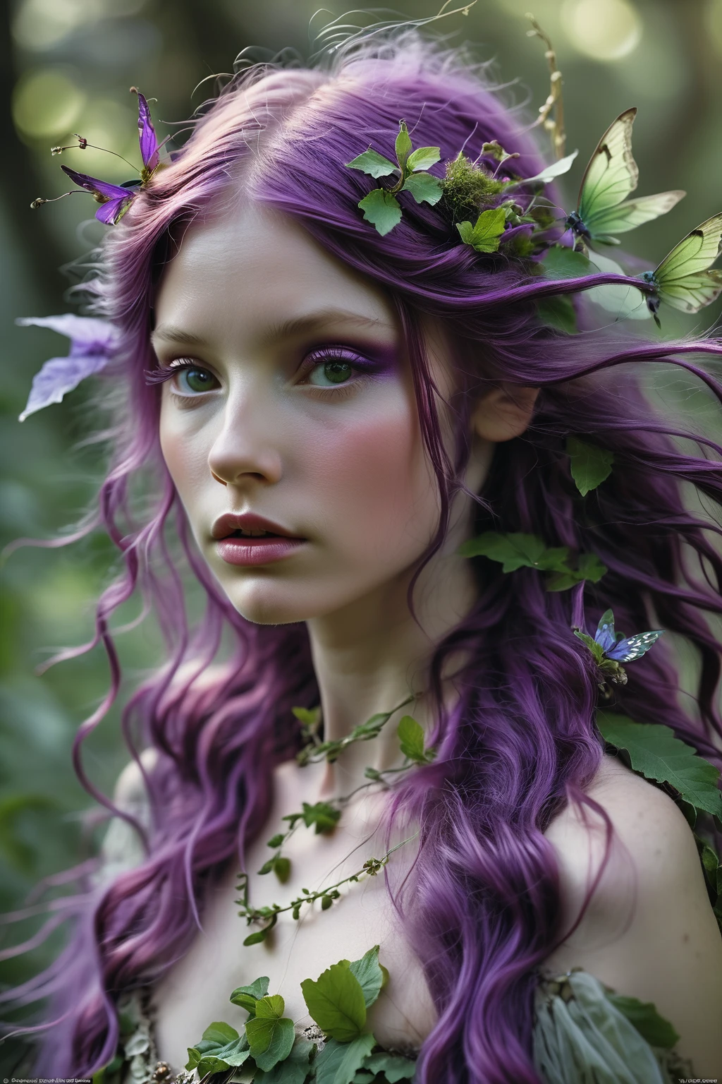 Photo by Hegre, a beautiful fairy with long purple hair based on a magical tale, in the style of wendy froud, photo-realistic techniques, cranberrycore, light purple and green, otherworldly beings, supernatural creatures, eerily realistic, highly detailed skin with hair,photo realistic, highly detailed,a colorized photo, RAW format, 8K photorealistic image, superflat, 4k, ultra hd, high resolution , UHD, shot with a professional DSLR camera like Fujifilm XT3, Sony A7IV, Nikon D850, Sony A9 II, Canon EOS R5,The final image should be a professional, award-winning masterpiece