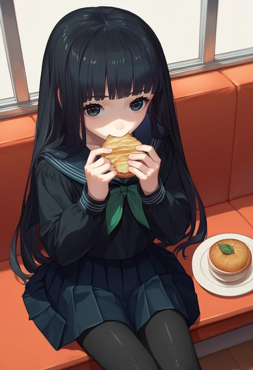 score_9, score_8_up, score_7_up, source_anime, <lora:RinneCAME-000009:1> Rinne, long hair, black hair, black eyes, black serafuku, green necktie, black pantyhose, pov, cafe, sitting, eating,