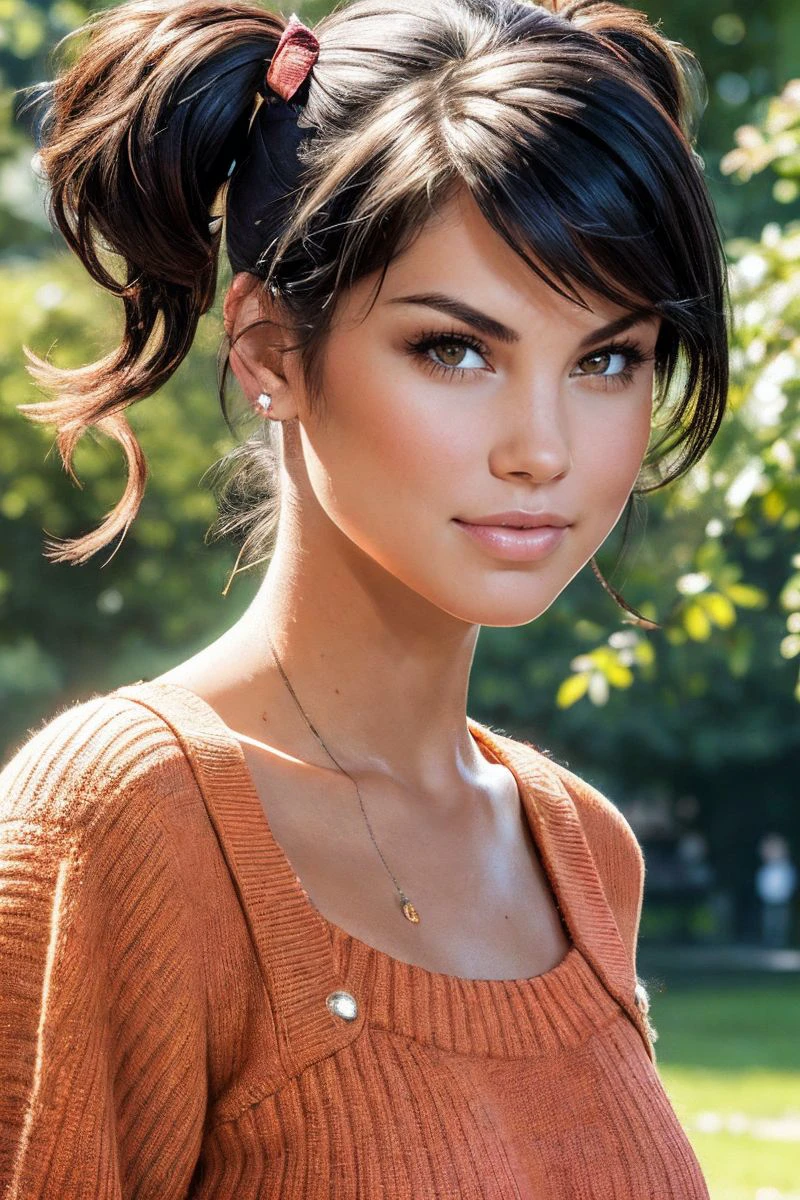 headshot of S343_JanaMiartusova,a gorgeous woman,in a (park),wearing a (crewneck:1.1),(pigtails),(4k, RAW photo, best quality, depth of field, ultra high res:1.1),(absurdres, intricate, photorealistic, masterpiece, ultra-detailed:1.1),