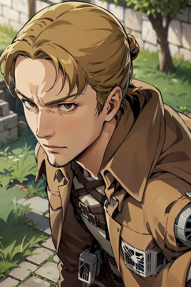 solo male, Eld Gin, Attack on Titan, blond hair, middle parting hair, single small hair bun, brown eyes, sideburns, thin goatee, Scout Regiment uniform, white shirt underneath, brown jacket, white pants, three-dimensional maneuver gear, mature, handsome, charming, alluring, (portrait, close-up), perfect anatomy, perfect proportions, best quality, masterpiece, high_resolution, dutch angle, photo background, AttackonTitan<lora:EMS-314283-EMS:0.800000>, <lora:EMS-26599-EMS:0.500000>