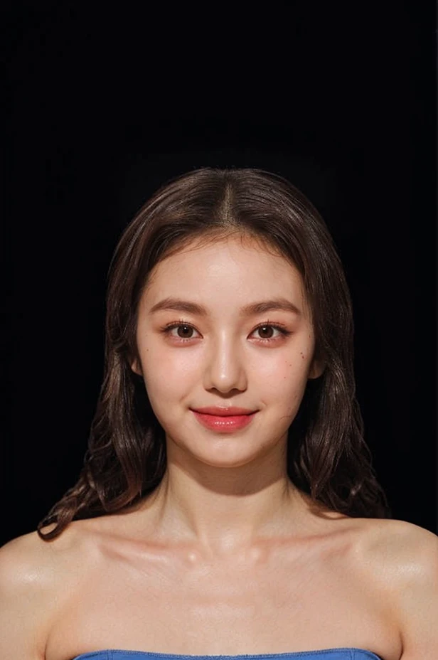 (extremely detailed eyes), korean idol, (((strapless))), raw photo, 1girl, (looking at viewer), upper body, ((full plain black background:1.3)), (Strapless_tube_top:1.5), bare shoulders, (((bare neck))), bare head, collarbone, (((closed mouth smile))), ((long wavy brown hair:1.3)), natural skin colour, skinny face,<lora:daniellelorashyv1_5:0.85>