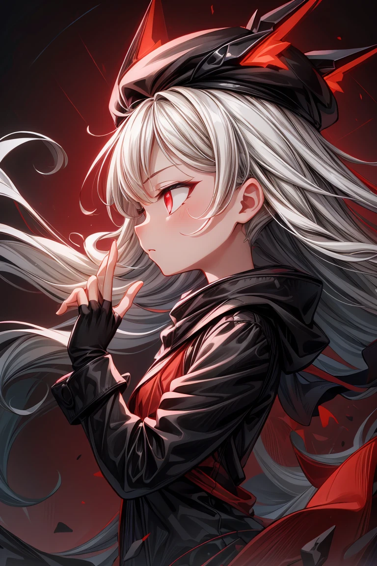 greyscale, (red theme:1.3),1girl,solo,badass,cold,((Detailed)), ((Masterpiece)), ((Impressive)), ((Elegant)), ((Mind-blowing)), ((Phenomenal)), anime, Shojo, Romance, Drama, digital artwork, Digital masterpiece, Digital masterpiece, Digital illustration, neon light, Neon illumination, Electrifying light, Vibrant glow, 35mm, Panoramic view,Illustration,Cover,enigmatic figure,draped in translucent fabric,crystals adorning hair,dreamlike swirl,pastel hues,soft light,evoking calm serenity and elusive beauty,Non-representational,colors and shapes,expression of feelings,imaginative,highly detailed,fingerless_gloves,headwear,red_eyes,looking_at_viewer,upper_body,from_side