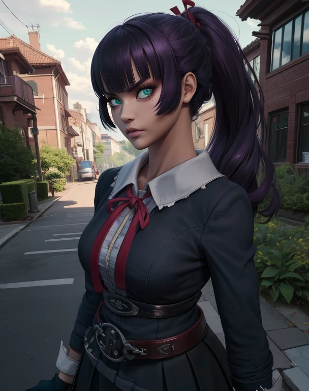 Saaya,purple hair,green eyes,ponytail,bangs,slit pupils,
black school uniform,red ribbon,fingerless gloves,belt,skirt,
solo,standing,upper body,serious,looking at viewer,
schoolyard,morning,
(insanely detailed, beautiful detailed face, masterpiece, best quality),<lora:Saaya:0.8>,