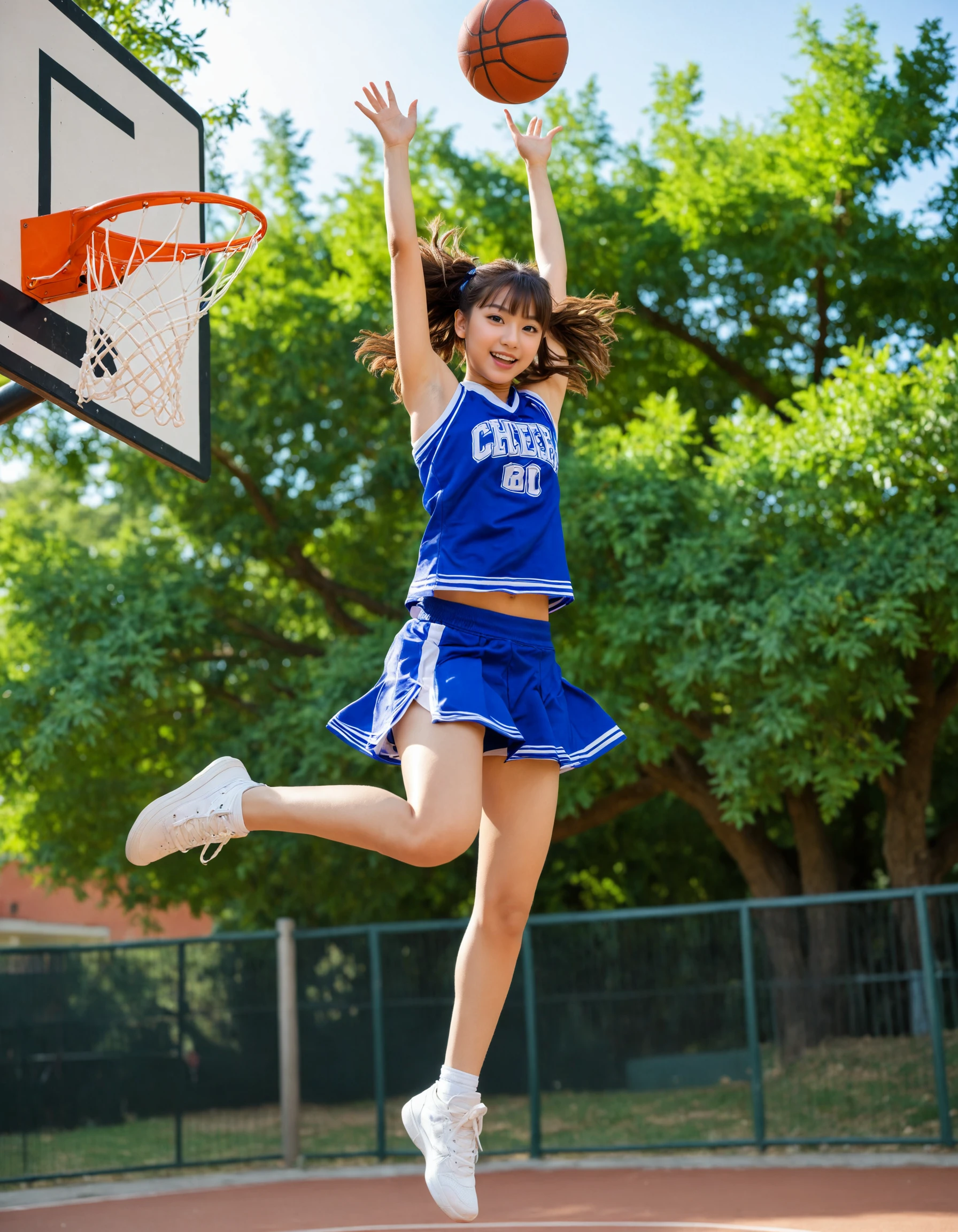 masterpiece, best quality, portrait photo of a 18 years old girl, cheer leader, outdoor, basketball playground, (jumping pose, dancing pose, posing to viewer), (low angle/from below),
<lora:hinaMaybeBetterPoseXL_v1:0.5>