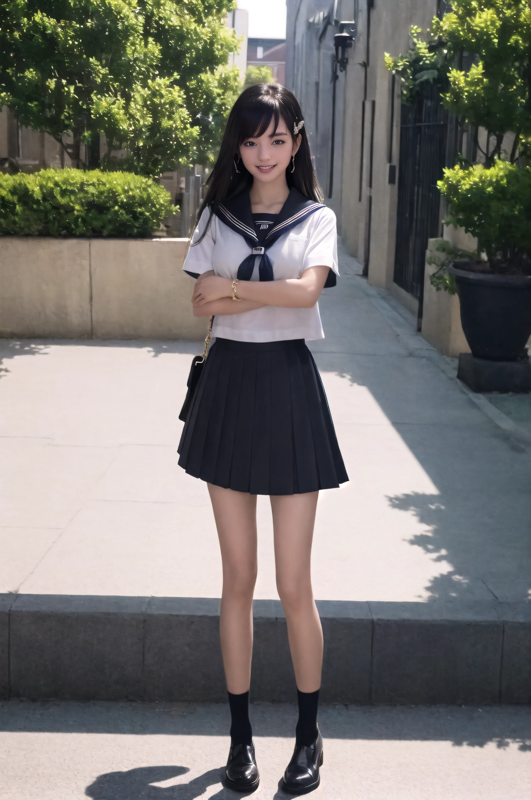 masterpiece, best quality, official art, extremely detailed , ultra high res, ultra detailed, incredibly absurdness, Ultimate detail, Clothing details, middle breast, wide shot,
(1girl:0.7), extremely beautiful face, (white ankle socks:0.8), outdoors,  (leather shoes:0.7), hair ornament,  sailor collar, pleated skirt, Jade bracelet,
((haunting smile, long hair, black hair)),(Fluffy hair:0.75), watery eyes, realistic skin, best shadow, soft light,(short-sleeved),original, full body, jk,
 <lora:jk shuishou_20230607235321-000012:0.75>