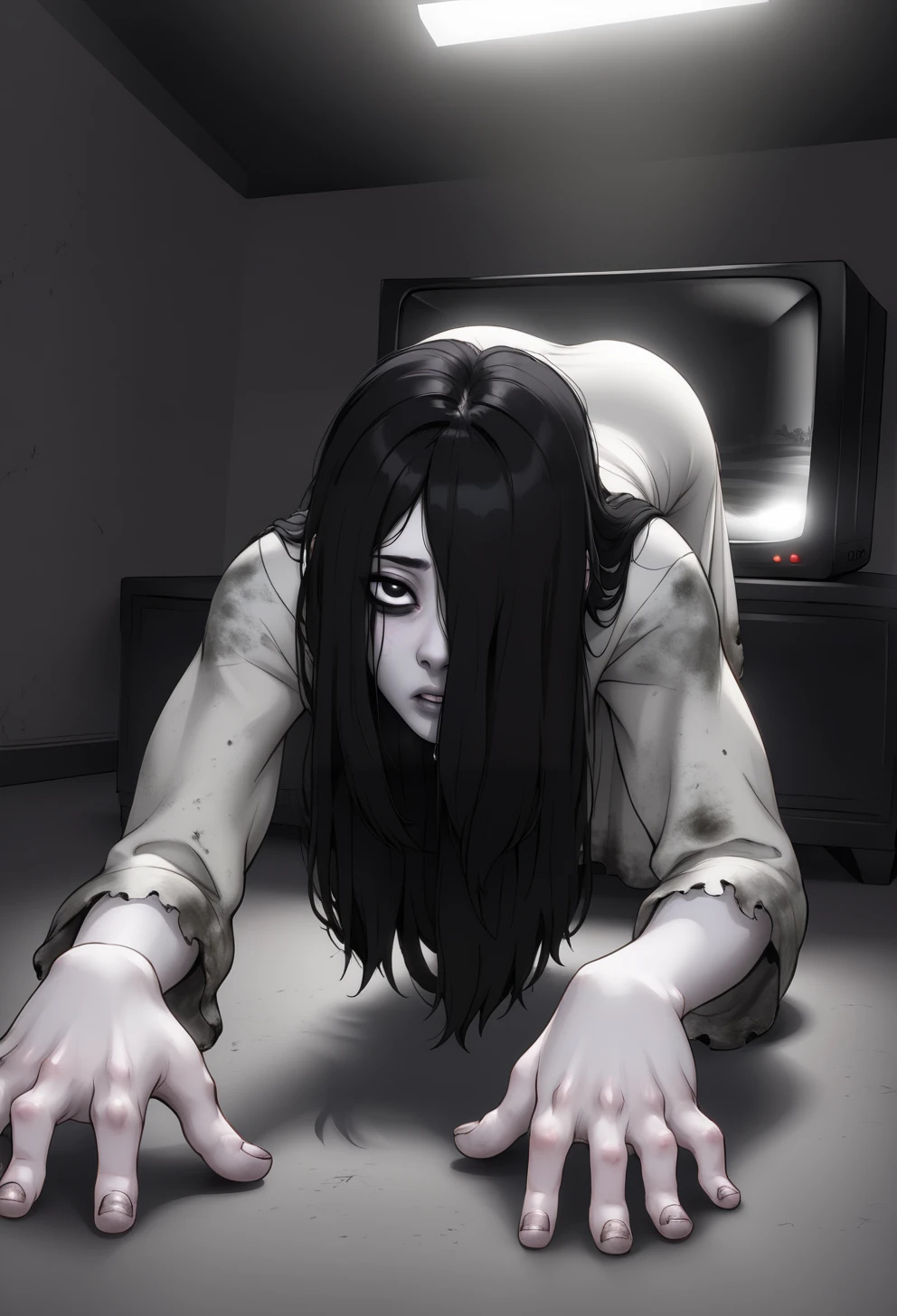 theonryoxl,long black hair,pale skin,hair over one eye,
dirty white dress with sleeves,crawling, all fours,
dark room,dim lighting,television,
<lora:TheOnryoS:0.8>,
