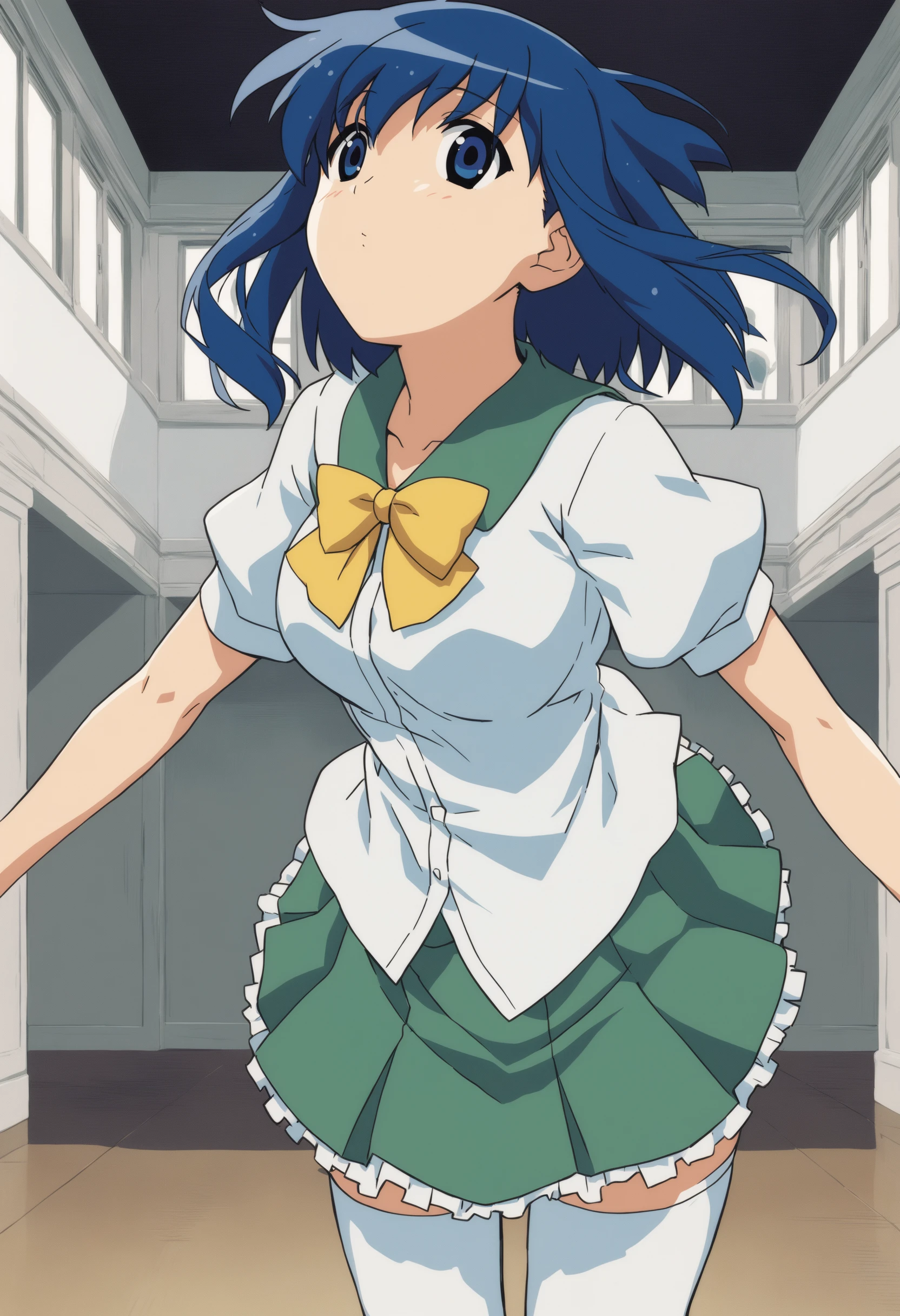 masterpiece, best quality, highres, school, solo, aqua hair, short hair, hairband, red eyes, smile, smug doyagao, standing, brown vest, blue ribbon, white shirt, brown skirt, skirt lift, upskirt, lifted by self, pantyshot, panties, koizumi hitomi