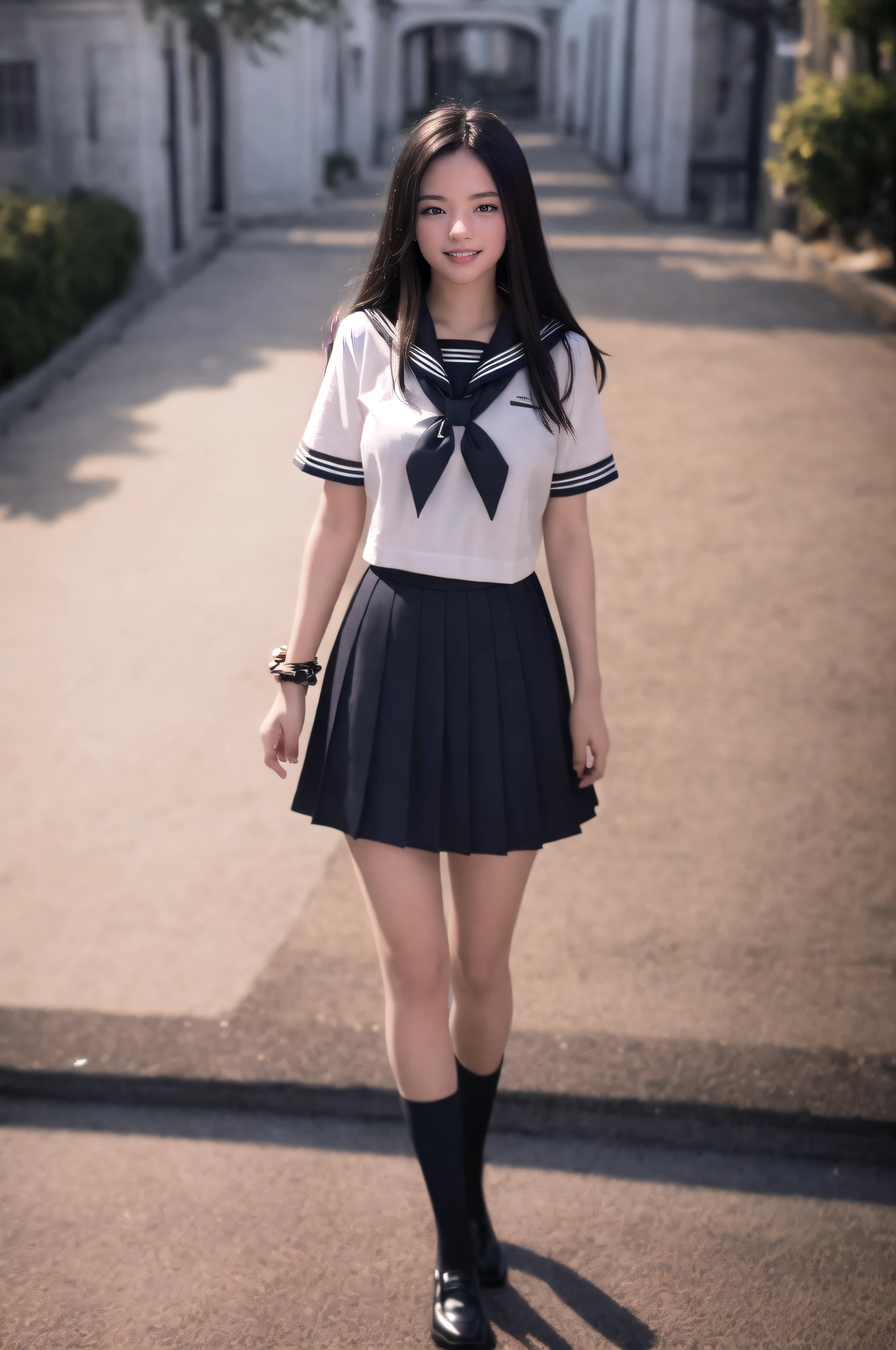 masterpiece, best quality, official art, extremely detailed , ultra high res, ultra detailed, incredibly absurdness, Ultimate detail, Clothing details, middle breast, wide shot,
(1girl:0.7), extremely beautiful face, (white ankle socks:0.8), outdoors,  (leather shoes:0.7), hair ornament,  sailor collar, pleated skirt, Jade bracelet,
((haunting smile, long hair, black hair)),(Fluffy hair:0.75), watery eyes, realistic skin, best shadow, soft light,(short-sleeved),original, full body, jk,
 <lora:jk shuishou_20230607235321-000012:0.75>