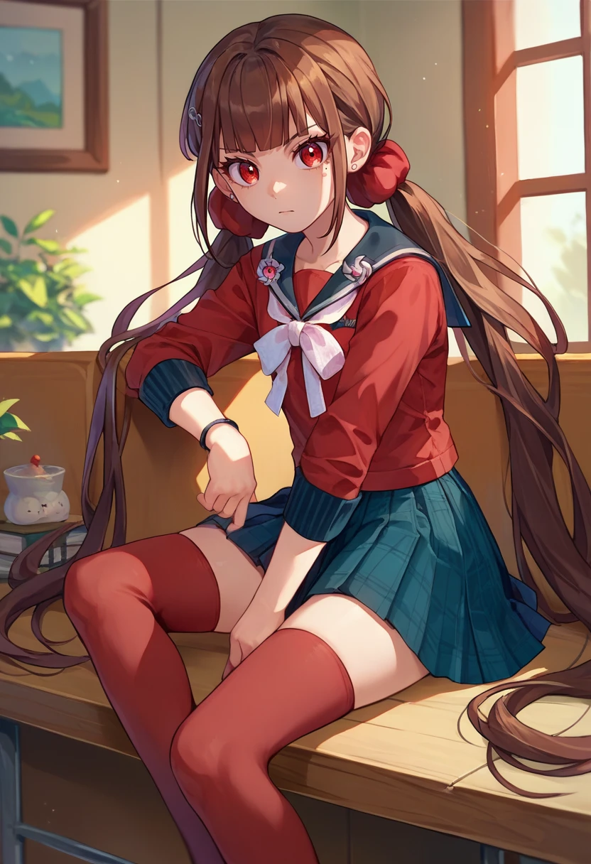 score_9, score_8_up, score_7_up, source_anime, Harumaki, 1girl, low twintails, red eyes, brown hair, mole under eye, hairclip, red shirt, brooch, pleated skirt, white bow, red thighhighs, red scrunchie, indoors, <lora:MakiPDXLCAME-000013:1>