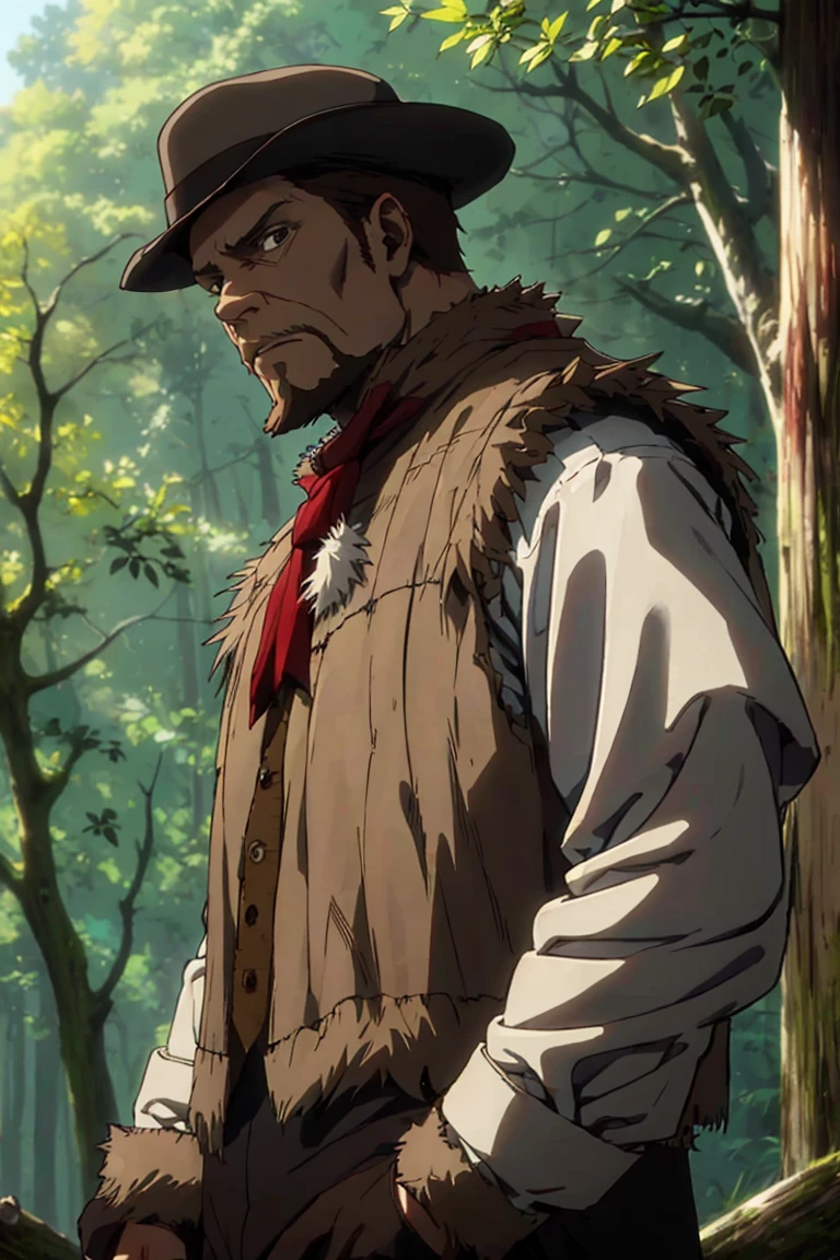 solo male, Artur Braus, Attack on Titan Anime style, hunter, shaggy brown hair, brown eyes, sideburns, beard, thin goatee, white shirt, (single vest), (brown fur trim vest, close vest:1.7), long sleeves, (loose red cravat:1.7), black pants, brown hat, mature, handsome, charming, alluring, standing, upper body, perfect anatomy, perfect proportions, best quality, masterpiece, high_resolution, dutch angle, cowboy shot, photo background, forest<lora:EMS-312762-EMS:0.800000>