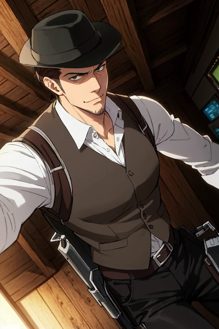 solo male, Kenny Ackerman, Attack on Titan Anime style, brown hair, hair slicked back, grey eyes, sideburns, thin beard along jawline, white collared shirt, long sleeves, (simple black vest, long vest), black pants, (dark fedora hat), (vertical maneuvering equipment, silver color armor, holster), athletic build, middle-age, mature, handsome, charming, alluring, smirk, perfect anatomy, perfect proportions, best quality, masterpiece, high_resolution, dutch angle, indoor, vintage bar<lora:EMS-313595-EMS:0.600000>