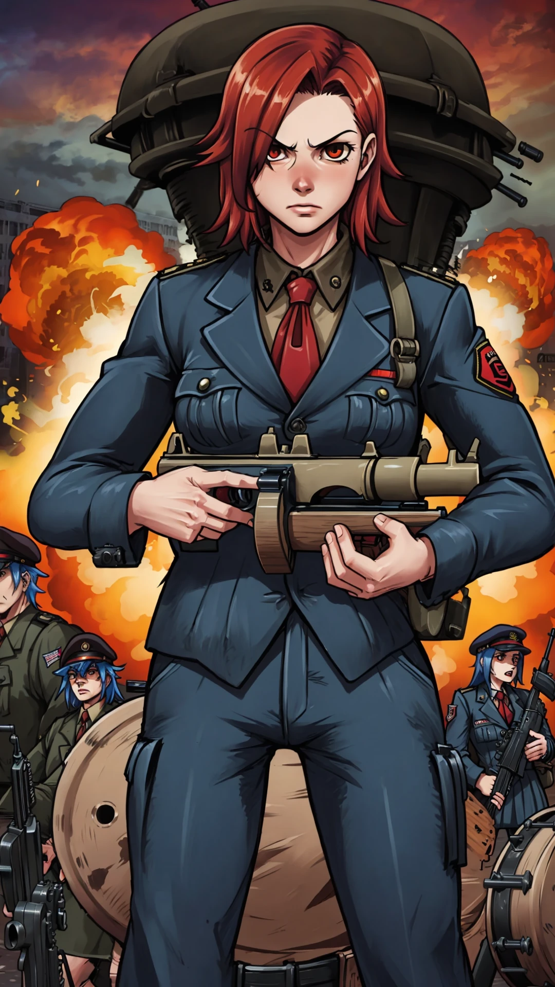 <lora:Tommy_Gun:0.8> thompson submachine gun, tommy gun, drum magazine, (holding a tommy gun with both hands:1.25), BREAK, <lora:cinematic explosion style 1.5:0.8> cinematic explosion style