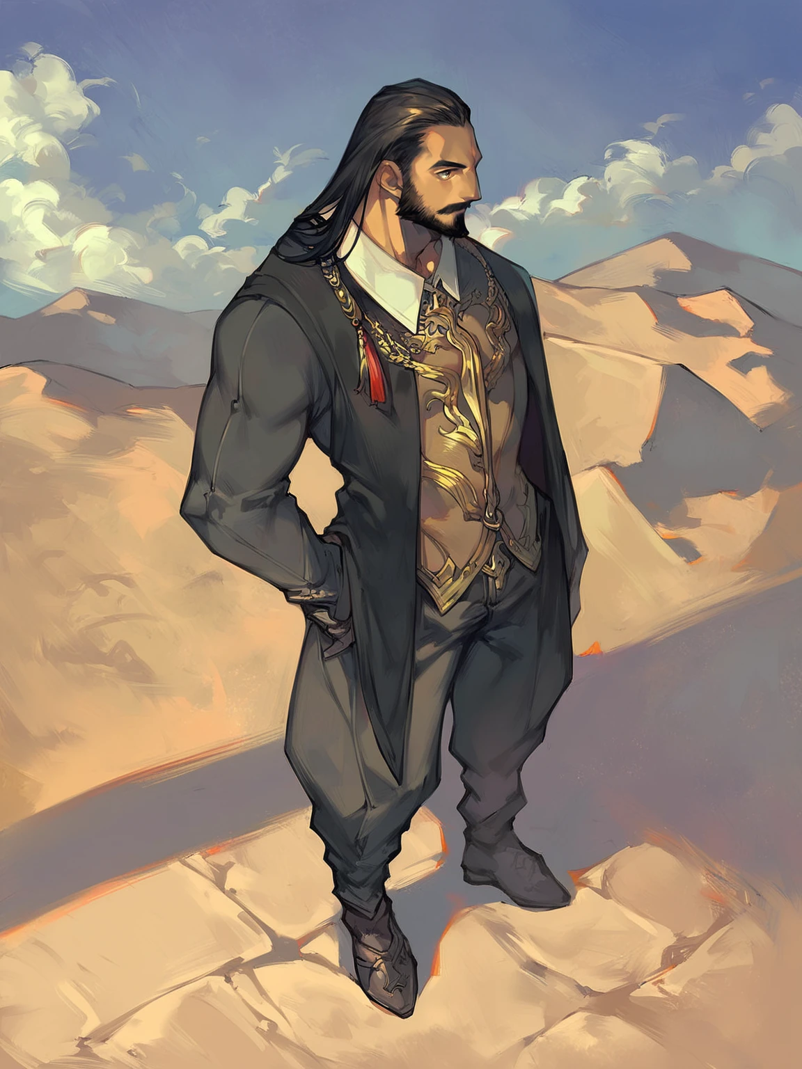 score_9, score_8_up, score_7_up, score_6_up, score_5_up, score_4_up,  BREAK high quality, highres, source_anime, score_9, 1boy standing in a desert and wearing a suit with pants, beard, semi long hair, facial hair, mustache, solo, vest, view from above, western background, ranch, desert, blue sky, cloud  <lora:KimHyungTaeXL:1>