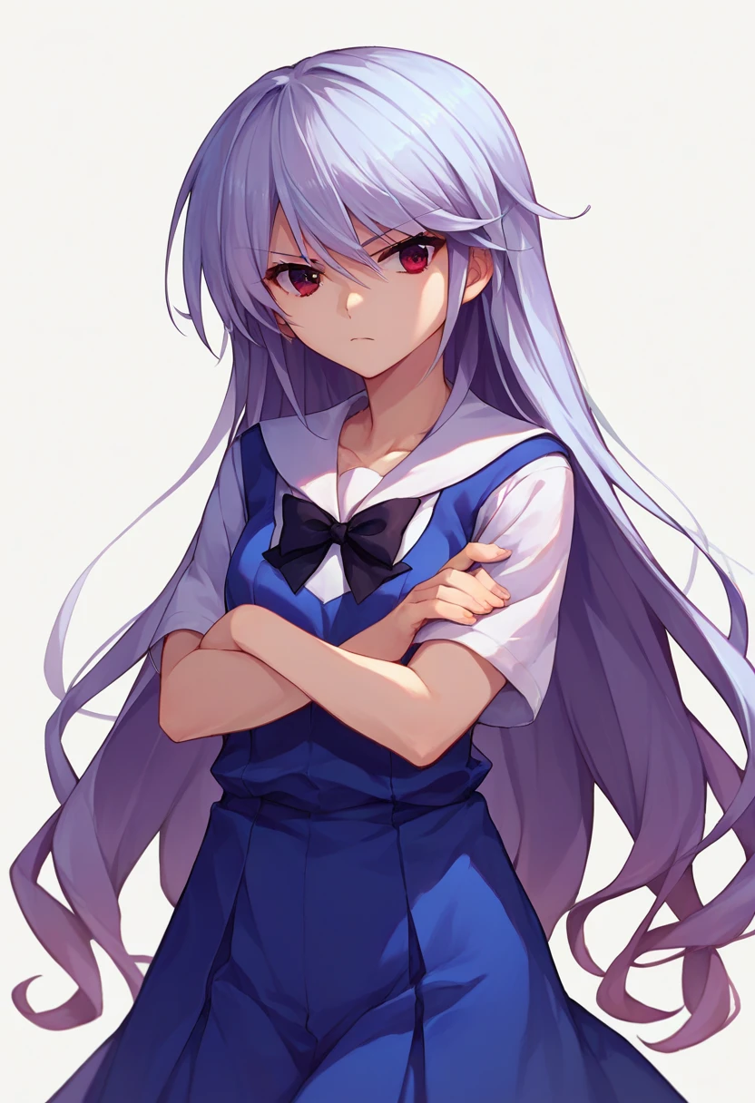 score_9, score_8_up, score_7_up, source_anime, 1girl, <lora:KazukiCAME-000007:1> kazami kazuki, silver hair, long hair, red eyes, school uniform, black bow, crossed arms,