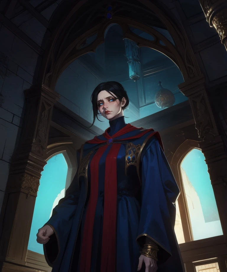Rennala,very short black hair,blue eyes,sad expression,
jewelry,tight blue robe,looking at viewer,
standing,upper body,
fantasy,dark,indoors,
insanely detailed,beautiful,masterpiece,best quality),<lora:Rennala:0.8>,