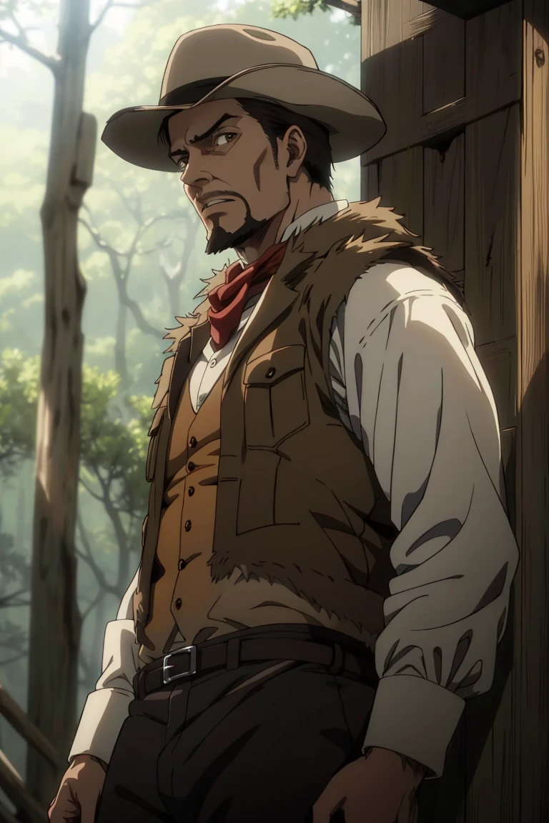 solo male, Artur Braus, Attack on Titan Anime style, hunter, shaggy brown hair, hair slicked back, brown eyes, sideburns, thin beard, thin goatee, white shirt,((brown fur trim vest)), long sleeves, ((loose red cravat)), black pants, hat, middle-age, mature, handsome, charming, alluring, standing, upper body, perfect anatomy, perfect proportions, best quality, masterpiece, high_resolution, dutch angle, cowboy shot, photo background, forest<lora:EMS-312762-EMS:0.700000>